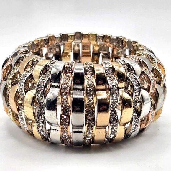 Stunning Chunky Heavy Tri-Tone Wide Stretch Bracelet with Rhinestone Pave Spacer - Picture 1 of 4